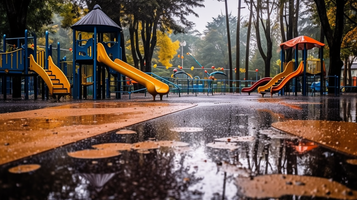 雨に濡れた公園の遊具