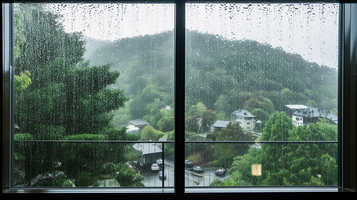 雨滴が窓ガラスを伝う様子、窓の外には山や緑でいっぱい