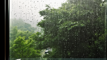 雨滴が窓ガラスを伝う様子、窓の外には木々