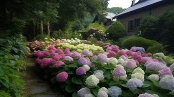 6月 梅雨に咲く紫陽花（あじさい・アジサイ）の日本庭園