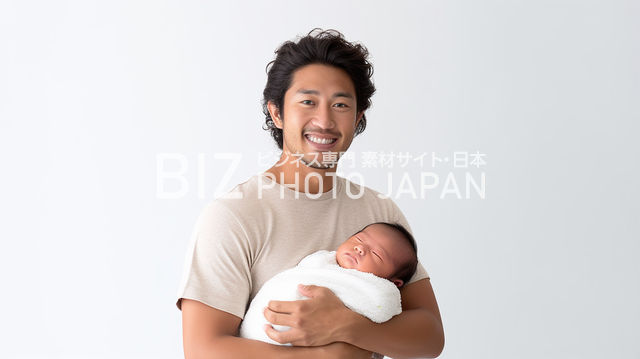 幸せなパパの微笑み！白い壁の前で赤ちゃんを抱っこする日本人男性の笑顔