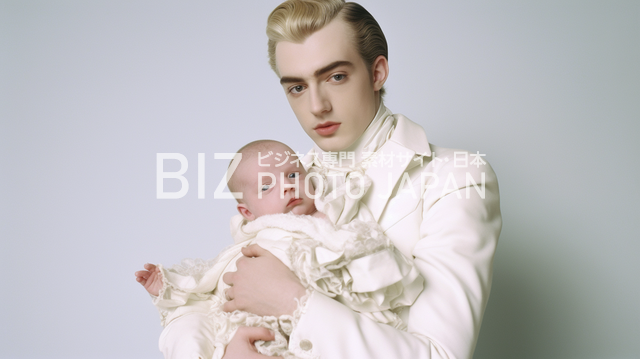 純白の絆に溢れた愛。金髪の若き男性が無言のカメラ目線で赤ちゃんを優しく抱きしめる