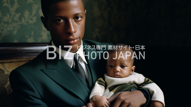 愛情溢れる黒人男性と赤ちゃんの絆。クラシカルな雰囲気漂う写真