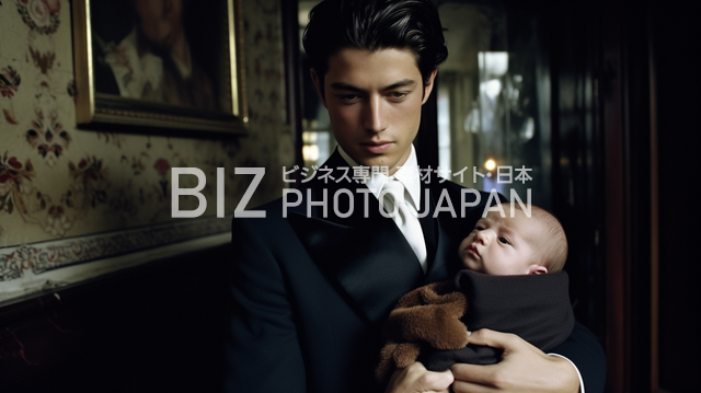 品のある男性と赤ちゃんが魅せる感動の瞬間。90年代の洋館での写真