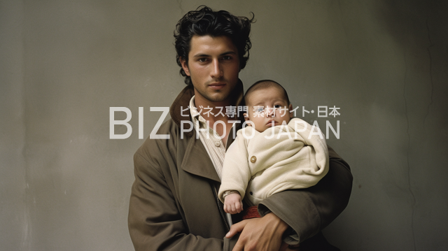 ワイルドな愛の絆: 20代後半の父と赤ちゃんの感動的なモノクロ写真